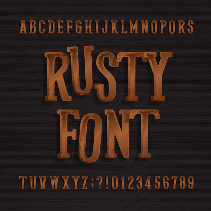 Hand drawn rusty vintage typeface. Retro alphabet font. Type letters and numbers on a rough wooden background. Stock vector typeset for your headers or any typography design.