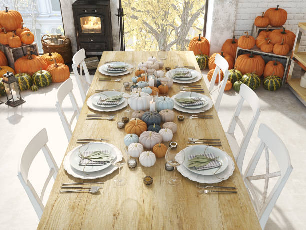 istock thanksgiving table in an apartment. 3D rendering. thanksgiving concept. 876150712