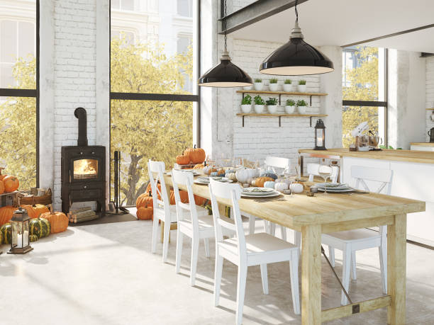 istock nordic kitchen in an apartment. 3D rendering. thanksgiving concept. 876150748