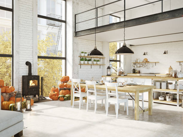istock nordic kitchen in an apartment. 3D rendering. thanksgiving concept. 876152412