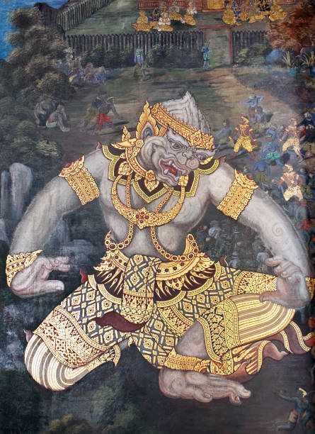 wat phra kaew, em grand palace, em bangkok, tailândia - temple wat phra kaeo mural wall - fotografias e filmes do acervo