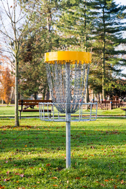 istock Playing basket with chains for throwing flying discs in park with trees and grass 876165548