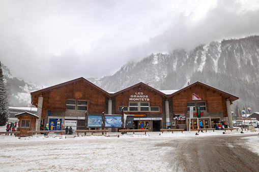 Argentiere: A lower station of Lognan cabel car in snowy winter day
