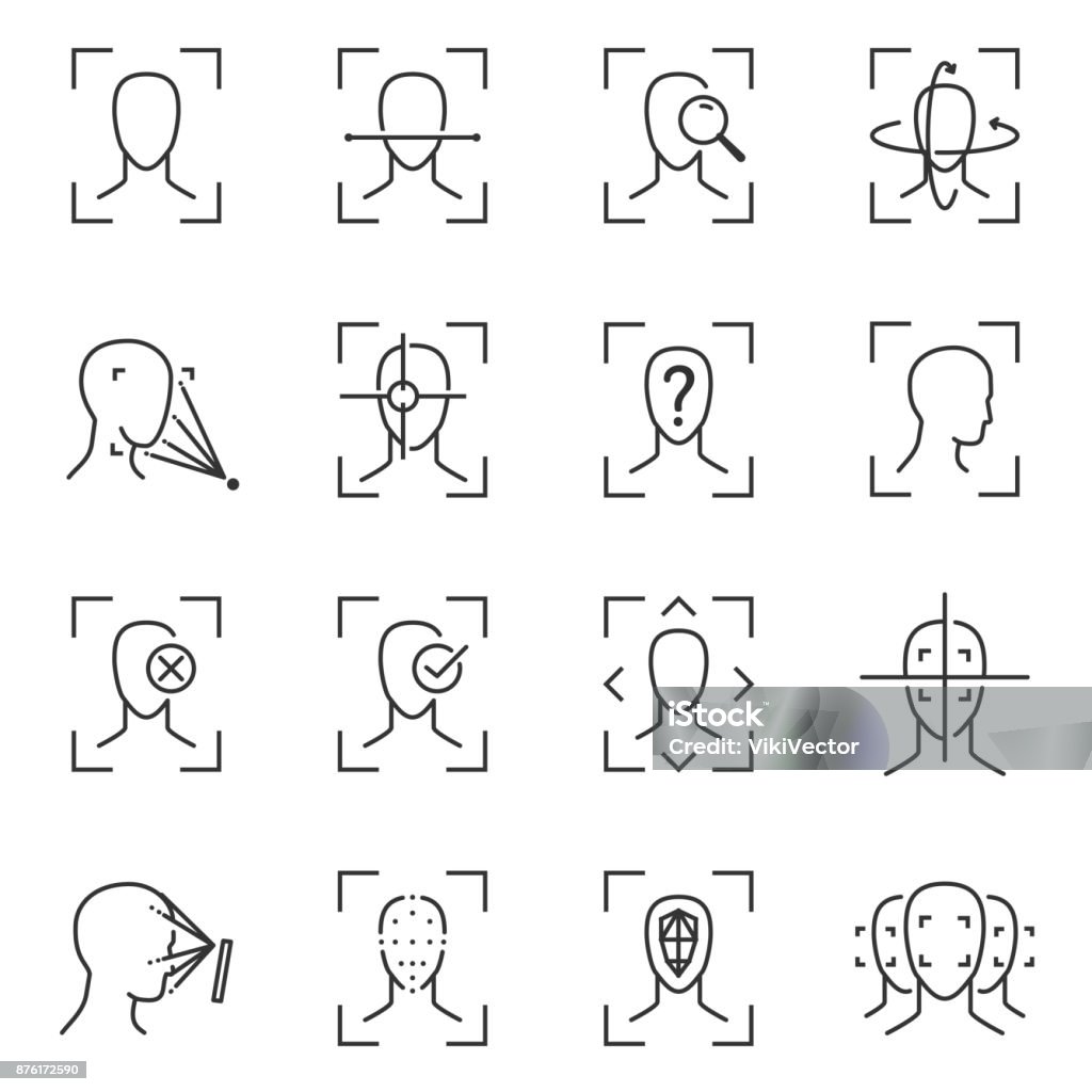 Face recognition set Face recognition set. Identifying and verifying a person with computer system, scanning digital image of face. Vector flat style cartoon illustration isolated on white background Human Face stock vector
