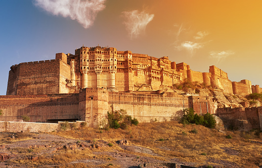 Sunny bright day in Mehrangarh Fort located in Jodhpur, Rajasthan, is one of the largest forts in India.