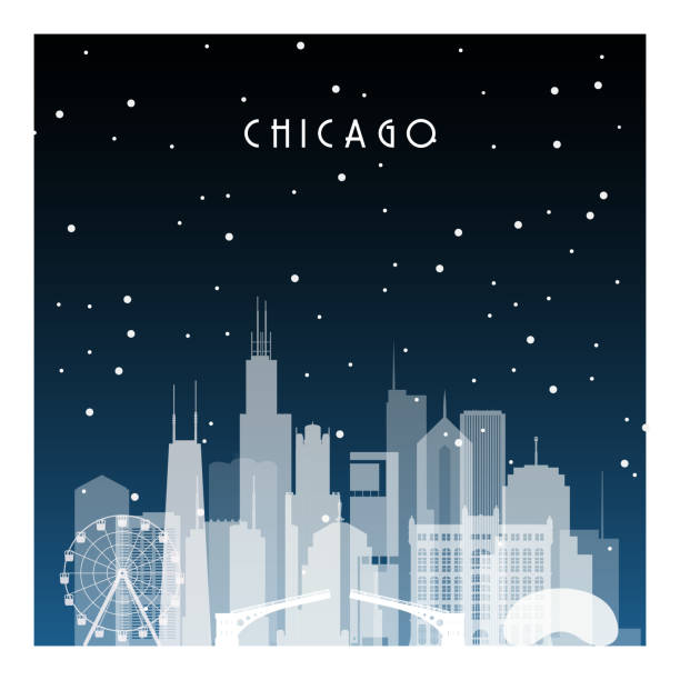 ilustraciones, imágenes clip art, dibujos animados e iconos de stock de noche de invierno en chicago. ciudad de la noche en plano estilo por bandera, cartel, ilustración, juego, fondo. - chicago