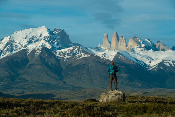 Hiking in Chile's Patagonia Hiking Adventure in the mountains in Torre del Paine National Park Chile cuernos del paine stock pictures, royalty-free photos & images