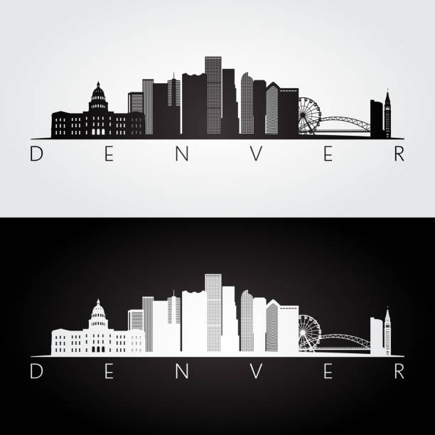 Denver skyline and landmarks silhouette, black and white design. Denver skyline and landmarks silhouette, black and white design. denver stock illustrations