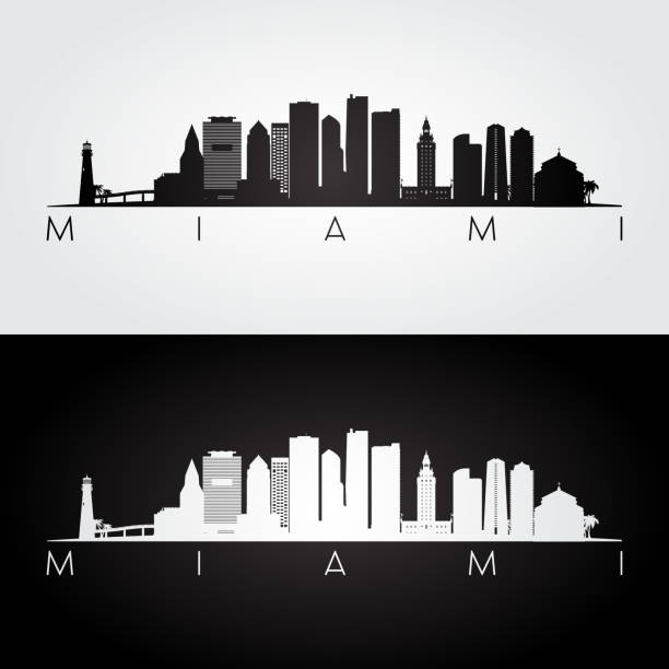 panorama miami i sylwetka zabytków, czarno-biały design. - miami florida skyline panoramic florida stock illustrations