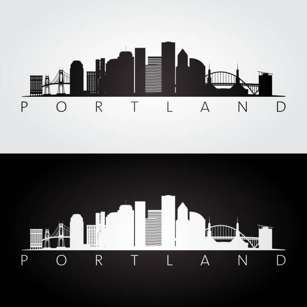 illustrazioni stock, clip art, cartoni animati e icone di tendenza di skyline di portland e silhouette di punti di riferimento, design in bianco e nero. - portland oregon skyline cityscape silhouette