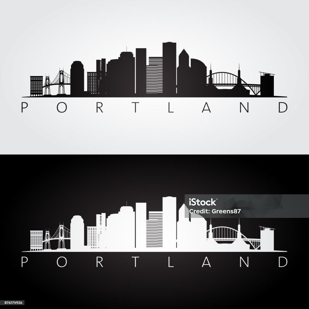 Portland skyline and landmarks silhouette, black and white design. Portland - Oregon stock vector