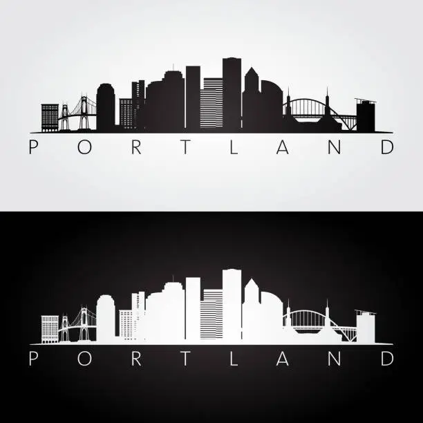 Vector illustration of Portland skyline and landmarks silhouette, black and white design.