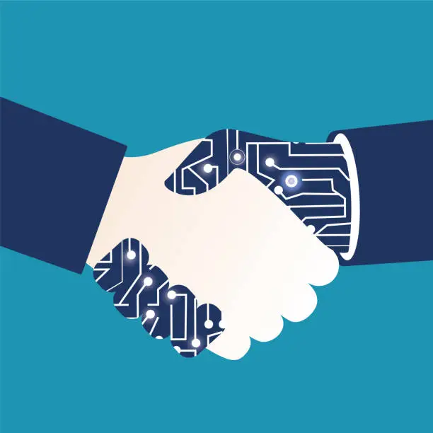 Vector illustration of ARTIFICIAL INTELLIGENCE, Human and robot agreement vector