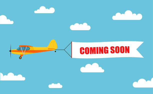 ilustraciones, imágenes clip art, dibujos animados e iconos de stock de bandera del vuelo publicidad, sacó por avionetas con la inscripción "coming soon" - stock vector. - tirar de