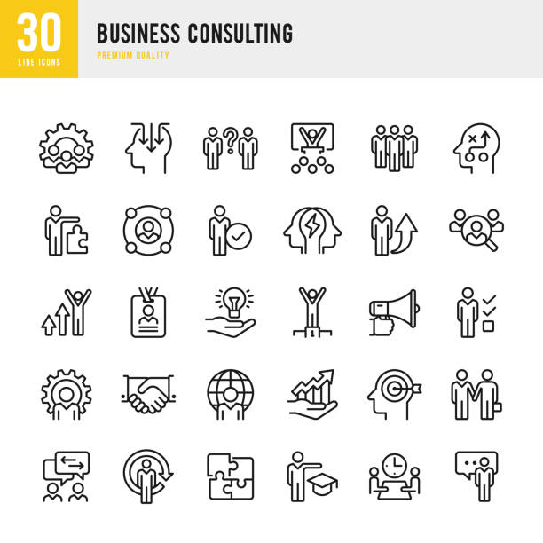 Business Consulting - set of thin line vector icons Set of Business Consulting thin line vector icons. puzzle symbols stock illustrations