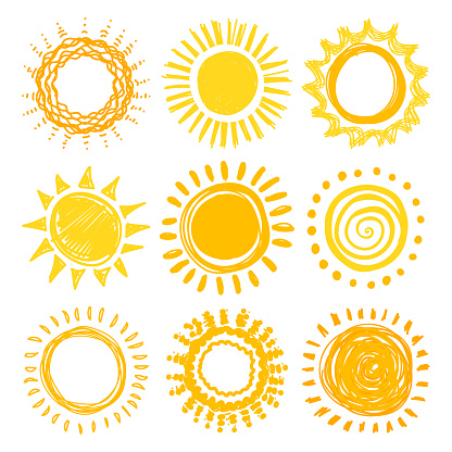 Doodle sun collection for summer design. Vector illustration