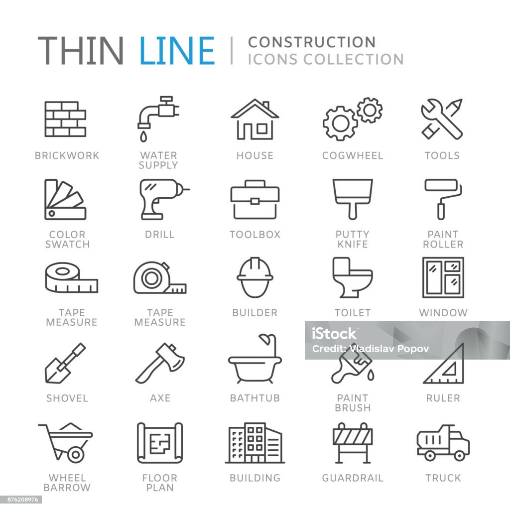 Collection d’icônes de fine ligne de construction - clipart vectoriel de Icône libre de droits