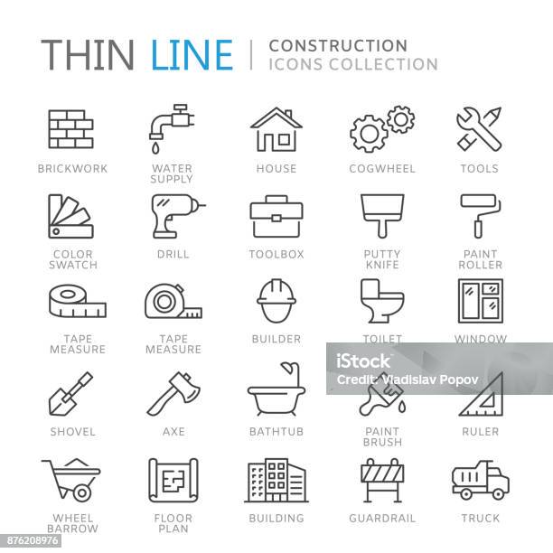 Collezione Di Icone Di Linea Sottile Per La Costruzione - Immagini vettoriali stock e altre immagini di Icona