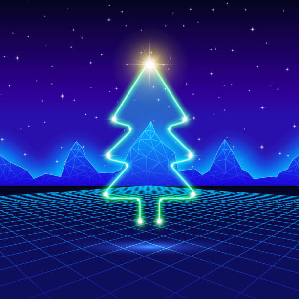 kartka świąteczna z neonowym drzewem z lat 80- tych - senior adult dancing party silhouette stock illustrations