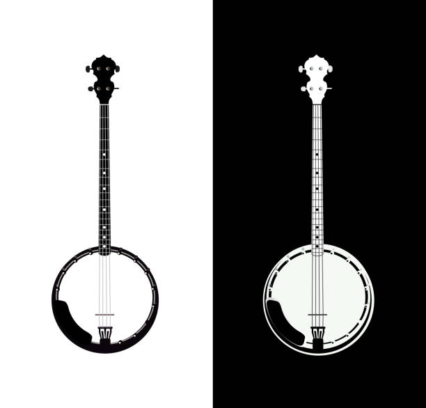 Banjo in black and white Silhouette of Banjo - folk music instrument in black and white colors, Grayscale Vector Illustration isolated on white and black background banjo stock illustrations