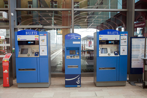 Nancy: Automatic sale of tickets machines at railway station, France