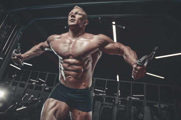 istock Brutal Caucasian bodybuilder training chest in gym 876233812