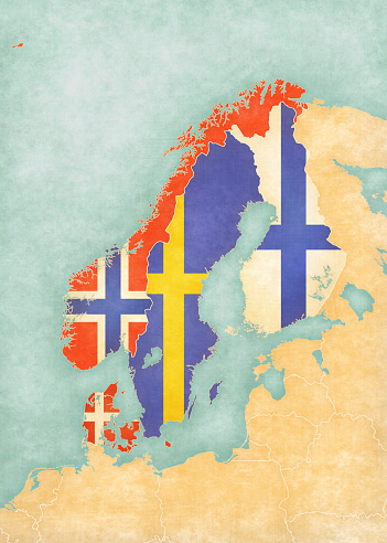 Flags of all countries on the map of Scandinavia in soft grunge and vintage style, like watercolor painting on old paper.