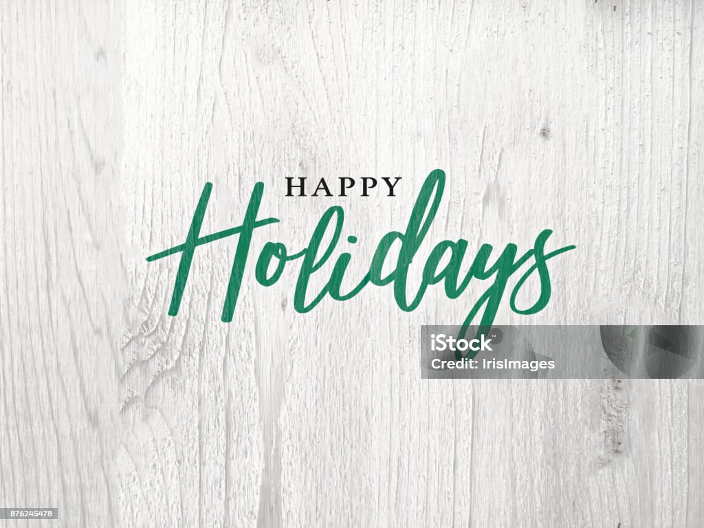 Felices fiestas caligrafía texto sobre fondo blanco de madera rústico - Foto de stock de Happy Holidays - Frase corta libre de derechos