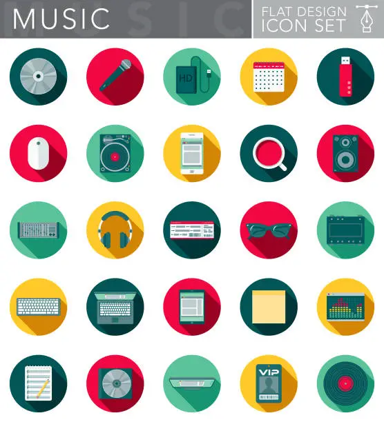 Vector illustration of Music Flat Design Icon Set with Side Shadow