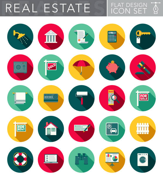 nieruchomości flat design icon set z cieniem bocznym - real estate credit card sign map stock illustrations