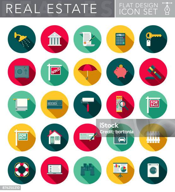 Real Estate Flat Design Icon Set With Side Shadow Stock Illustration - Download Image Now - Icon Symbol, Real Estate, Color Image