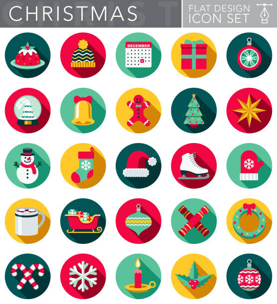 ilustraciones, imágenes clip art, dibujos animados e iconos de stock de navidad diseño plano icon set con sombra lateral - wrapping paper christmas gift snowman