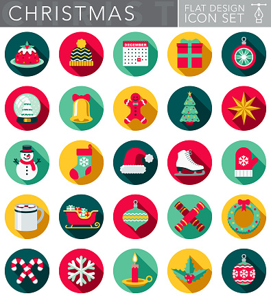 A Christmas and holidays circular flat design style icon set with a long side shadow. File is cleanly built and easy to edit. Vector file is built in the CMYK color space for optimal printing.