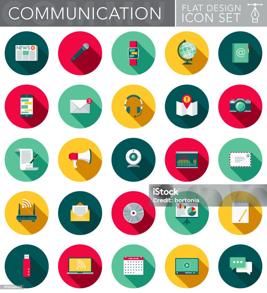 Communications Flat Design Icon Set with Side Shadow A communication and technology themed circular flat design style icon set with a long side shadow. File is cleanly built and easy to edit. Vector file is built in the CMYK color space for optimal printing. Icon Symbol stock vector