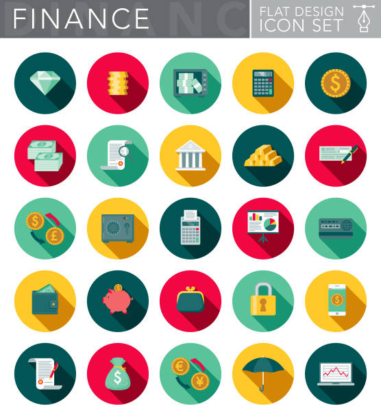 banking & finance flat design icon set z cieniem bocznym - money bag symbol check banking stock illustrations