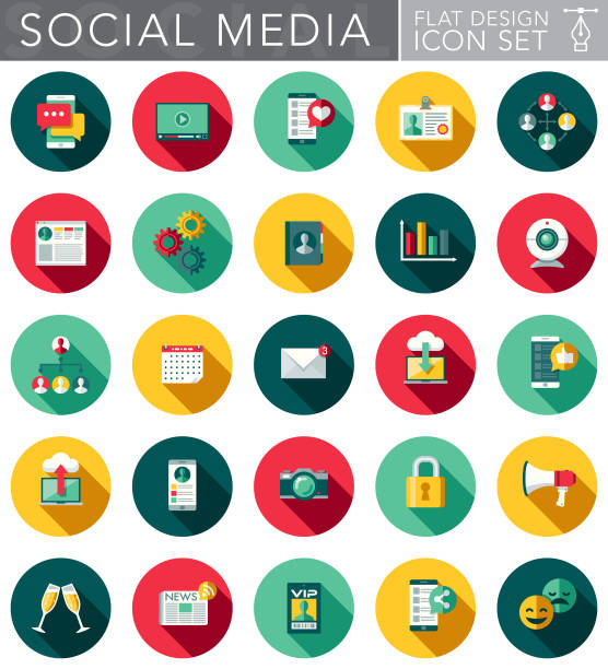 zestaw płaskich ikon projektu mediów społecznościowych z cieniem bocznym - newspaper symbol computer icon communication stock illustrations