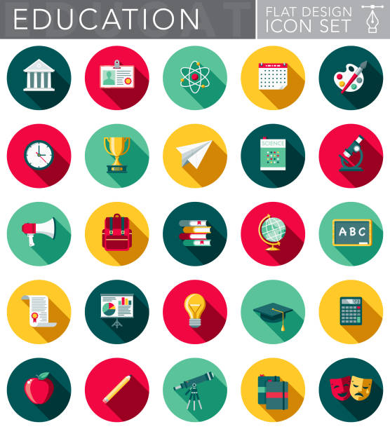 Education Flat Design Icon Set with Side Shadow An education and schooling themed circular flat design style icon set with a long side shadow. File is cleanly built and easy to edit. Vector file is built in the CMYK color space for optimal printing. school id card stock illustrations