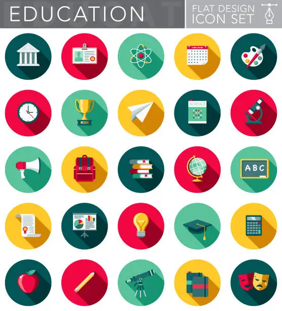 Vector illustration of Education Flat Design Icon Set with Side Shadow