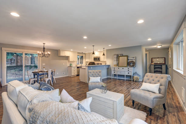 istock Airy light filled living room in soft blue and grey colors 876255688