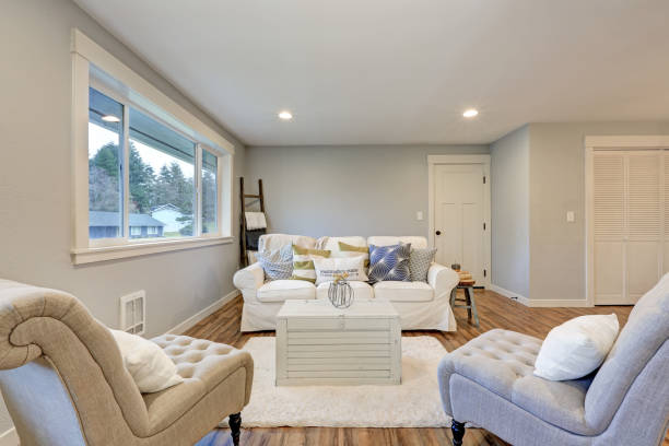 istock Cozy living room space with soft blue grey walls 876255734