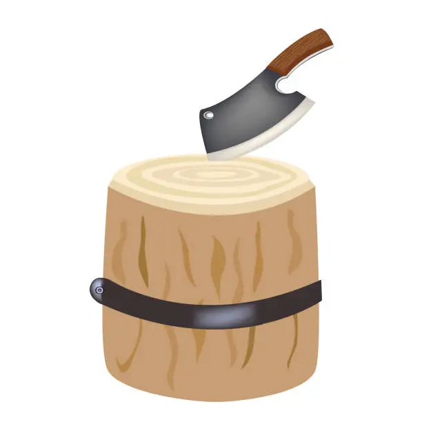 Vector illustration of Axe for meat. Kitchen hatchet for meat cutting. Kitchen knife for cutting meat. Tree stump for cutting meat. Vector illustration.