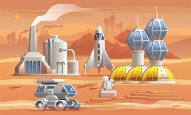 ilustraciones, imágenes clip art, dibujos animados e iconos de stock de colonizators humanos en marte. unidades de rover en todo el planeta rojo junto a la fábrica, invernadero y nave espacial - mars