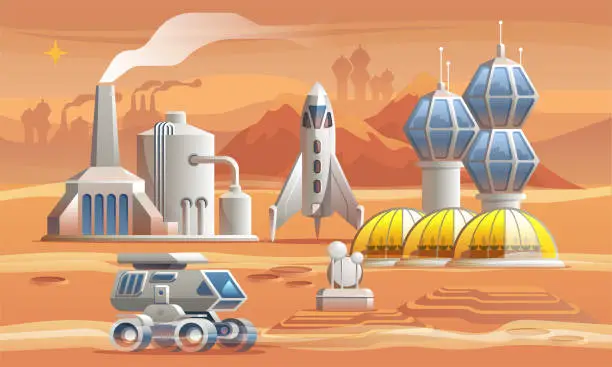 Vector illustration of Human colonizators on Mars. Rover drives across the red planet near factory, greenhouse and spaceship