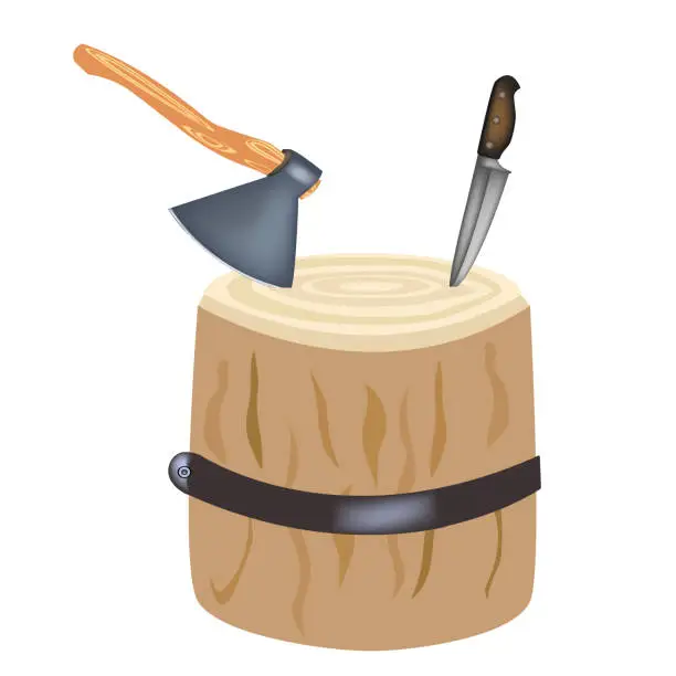 Vector illustration of Axe for meat. Kitchen hatchet for meat cutting. Kitchen knife for cutting meat. Tree stump for cutting meat. Vector illustration.