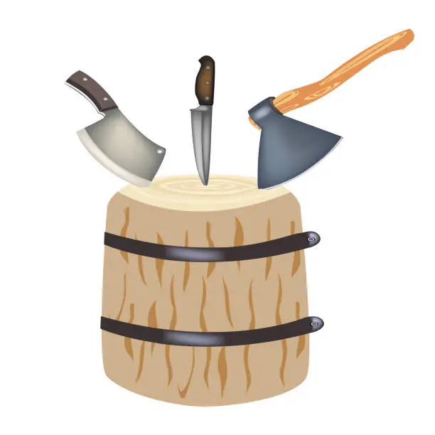 Vector illustration of Axe for meat. Kitchen hatchet for meat cutting. Kitchen knife for cutting meat. Tree stump for cutting meat. Vector illustration.