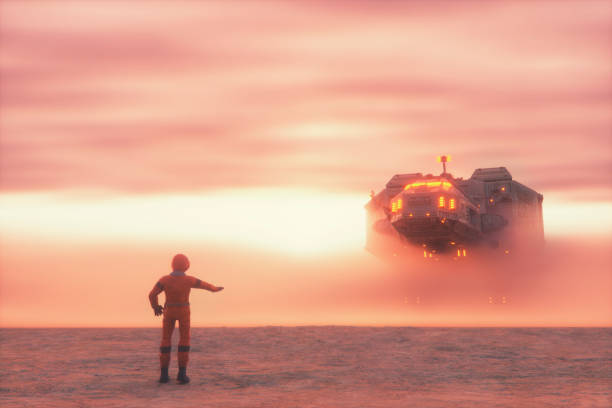 istock Astronaut and alien spaceship in fog 876273760
