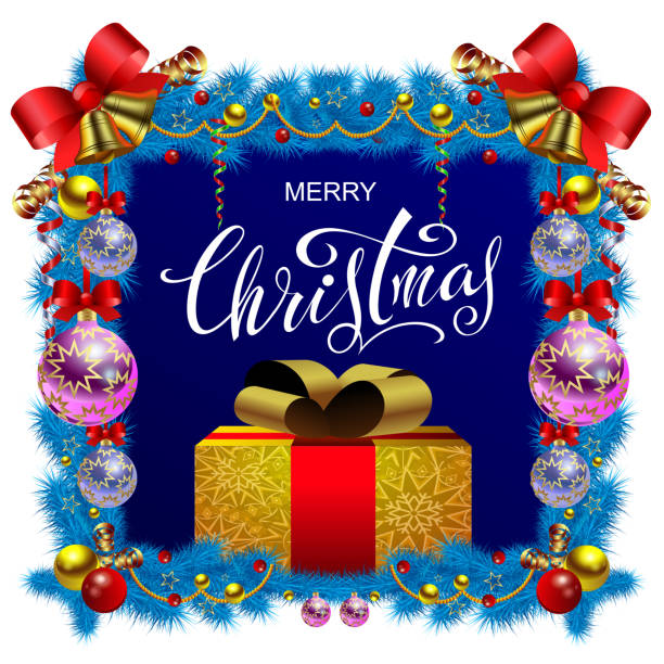istock Merry Christmas. A congratulatory poster with littering, a green tree, gifts, realistic balls, serpentine and golden bells with red silk bows. 876273962