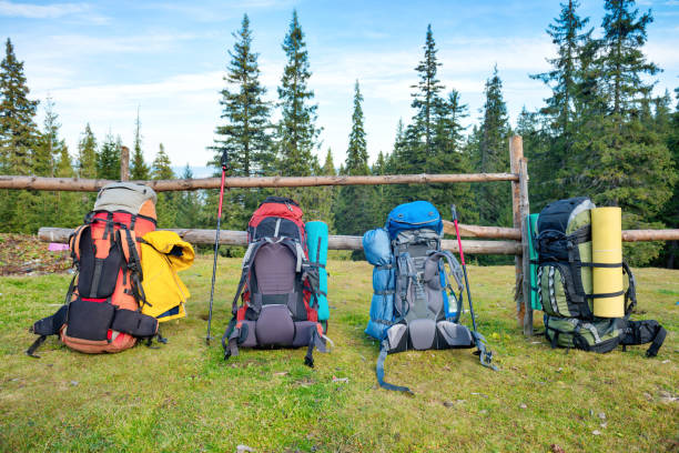 istock Four backpacks standing near fence 876277512