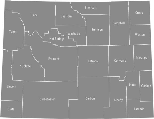 Wyoming county map vector outline illustration in gray background with counties names labeled The map is accurately prepared by a GIS and remote sensing specialist. Every county has a separate boundary that can be edited. carbon county utah stock illustrations