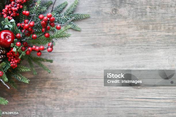 Christmas Evergreen Branches And Berries Background Stock Photo - Download Image Now